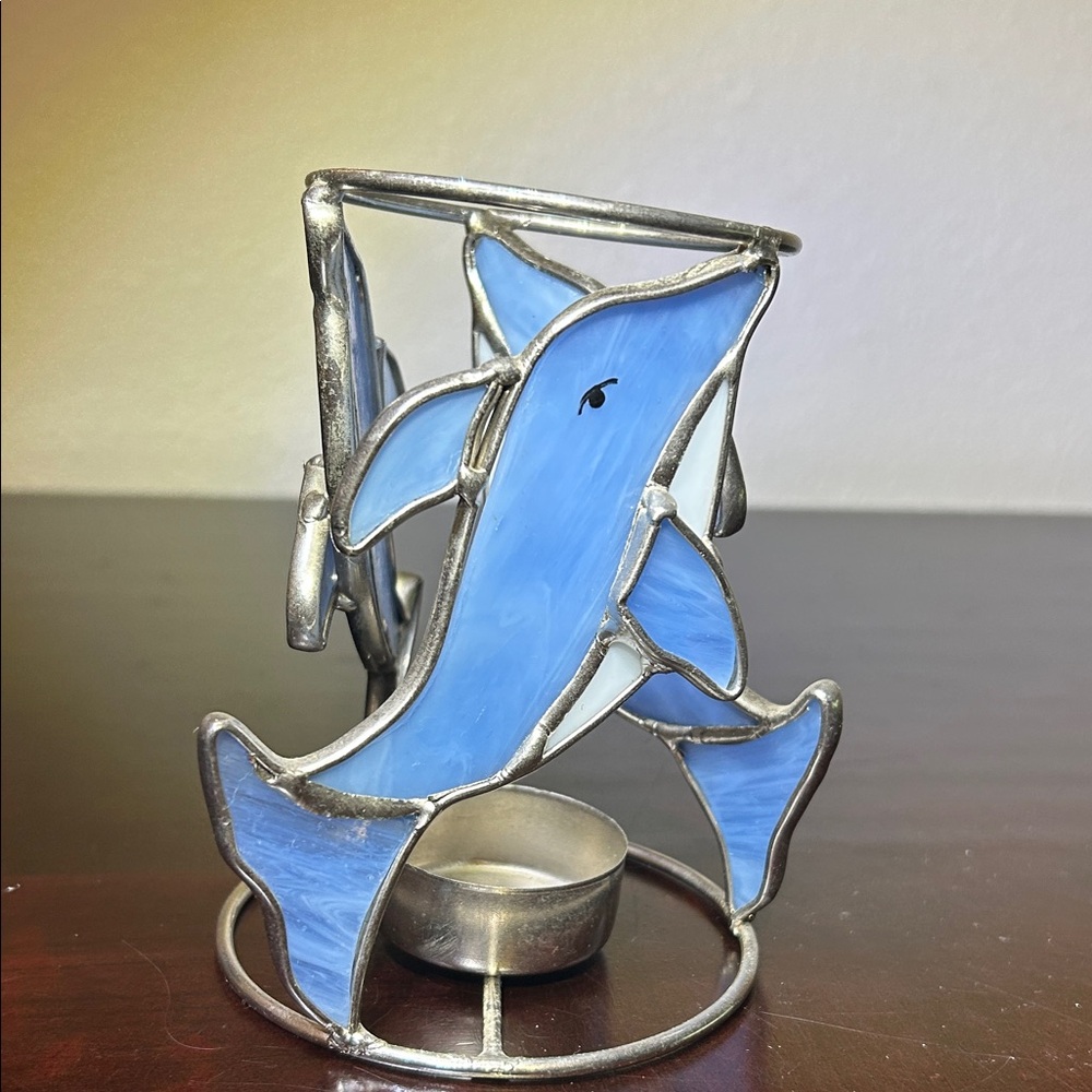 Vintage Stained Glass Dolphins Candle Holder